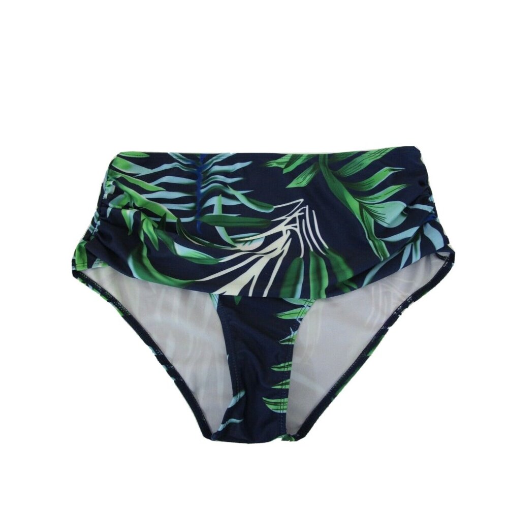 Bikini Swim Bottom Size XL Hawaiian Aloha Navy Print High-Waist Drape Front NWOT